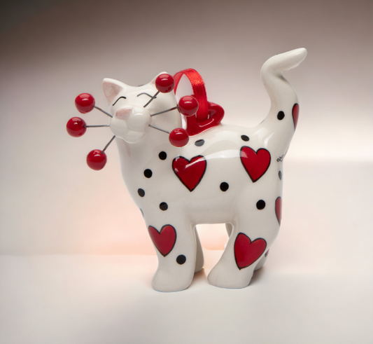 Ceramic White Cat with Red Hearts Ornament, Home Décor, Gift for Her, Mom, Cat Lovers Gift, Pet Loss Gift, Valentines Day Decor