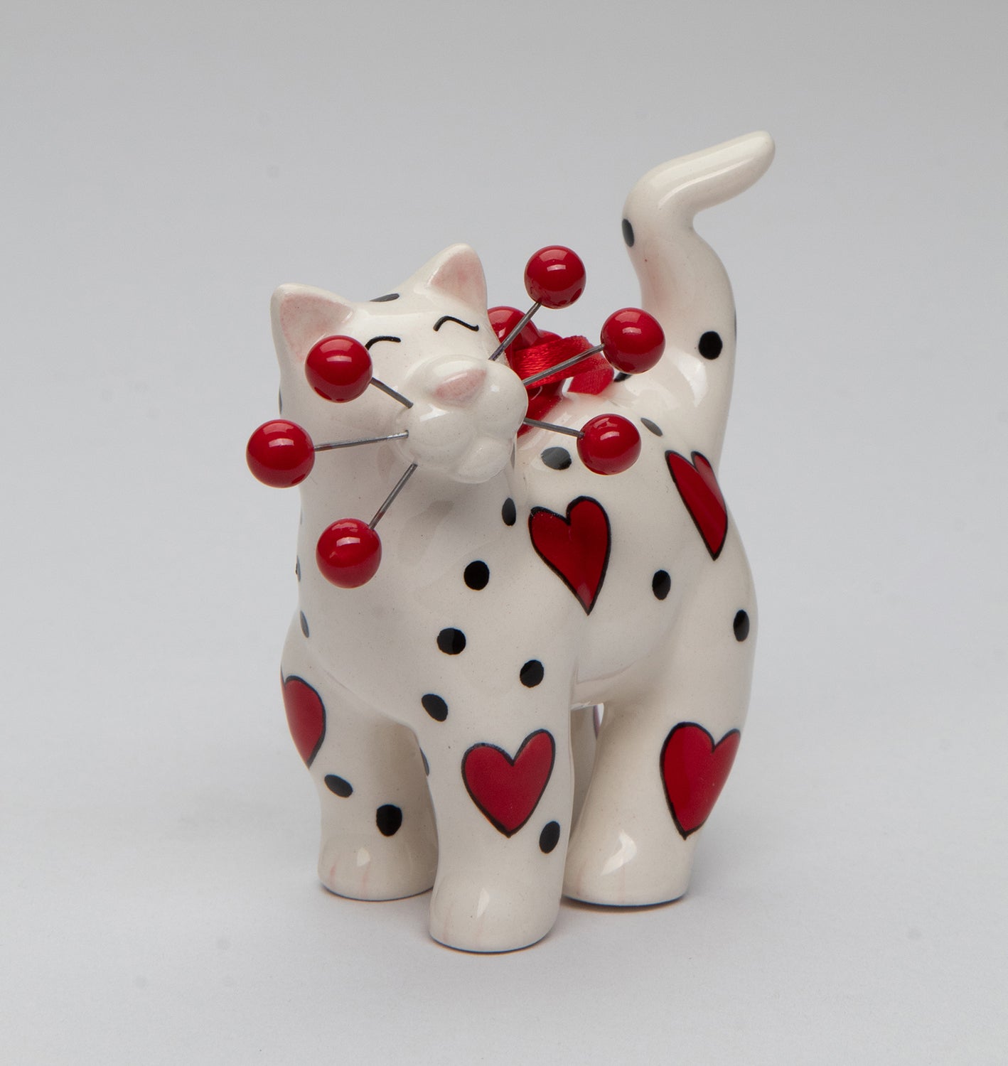 Ceramic White Cat with Red Hearts Ornament, Home Décor, Gift for Her, Mom, Cat Lovers Gift, Pet Loss Gift, Valentines Day Decor