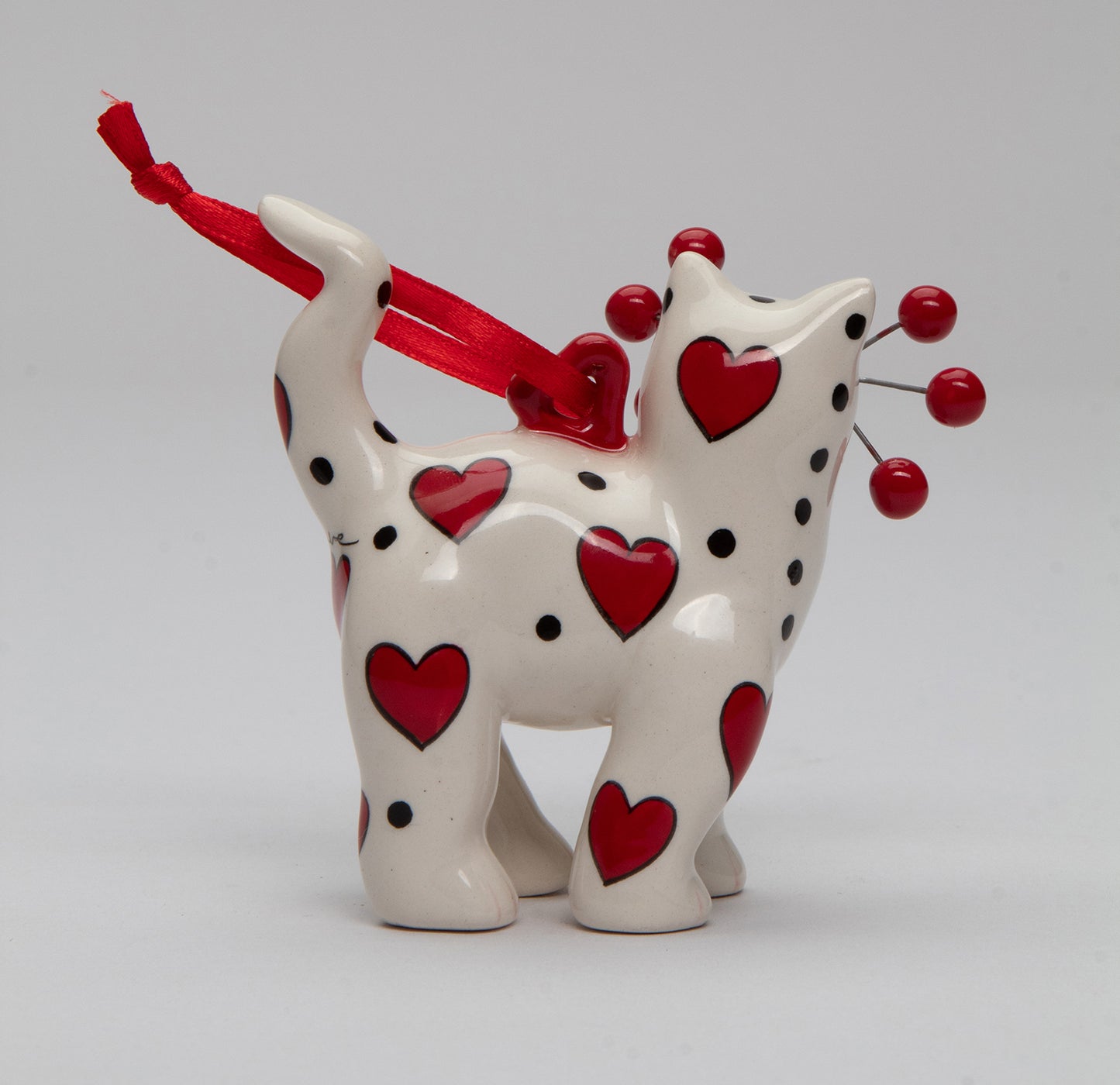 Ceramic White Cat with Red Hearts Ornament, Home Décor, Gift for Her, Mom, Cat Lovers Gift, Pet Loss Gift, Valentines Day Decor