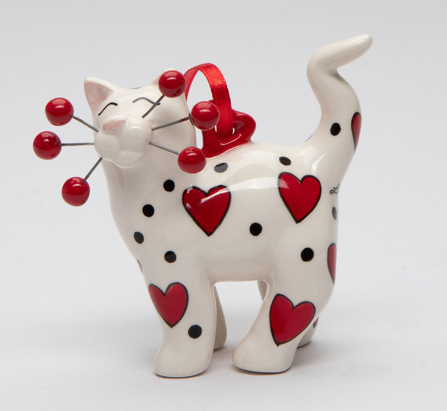 Ceramic White Cat with Red Hearts Ornament, Home Décor, Gift for Her, Mom, Cat Lovers Gift, Pet Loss Gift, Valentines Day Decor