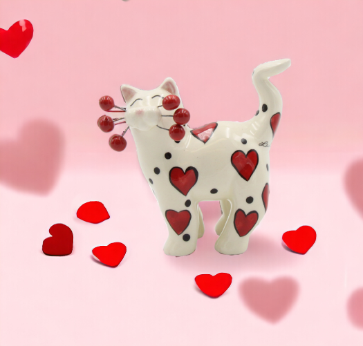 Ceramic Whisker Cat With Red Heart Figurine, Cat Lover Gift, Gift for Her, Gift for Mom, Valentines Day Decor, Wedding Favor