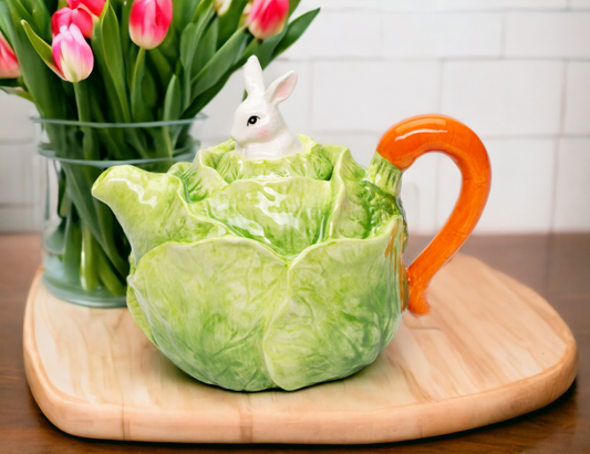 Ceramic Easter Bunny Rabbit on Cabbage Teapot, Spring Decor, Tea Lover Gift, Gift for Her, Gift for Mom