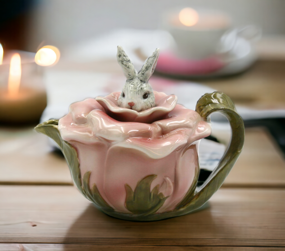 Ceramic Bunny Rabbit on a Rose Teapot, Gift for Her, Gift for Mom, Tea Party Décor, Café Décor, Spring Kitchen Decor