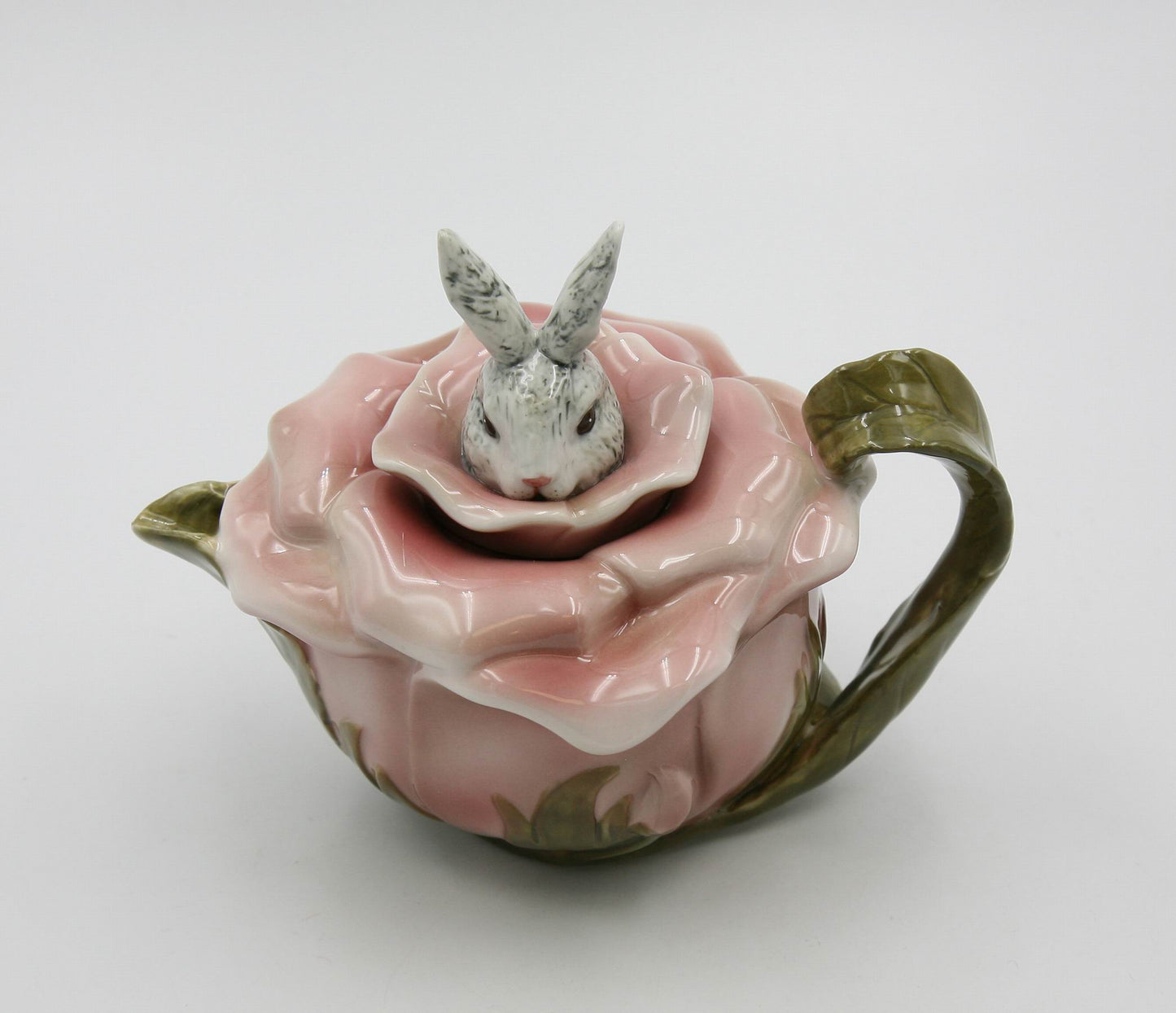 Ceramic Bunny Rabbit on a Rose Teapot, Gift for Her, Gift for Mom, Tea Party Décor, Café Décor, Spring Kitchen Decor