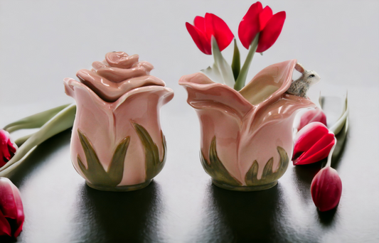 Ceramic Pink Rose Flowers with Bunny Rabbit Sugar and Creamer Set, Home Décor, Gift for Her, Kitchen Décor, Spring Décor, Easter Décor
