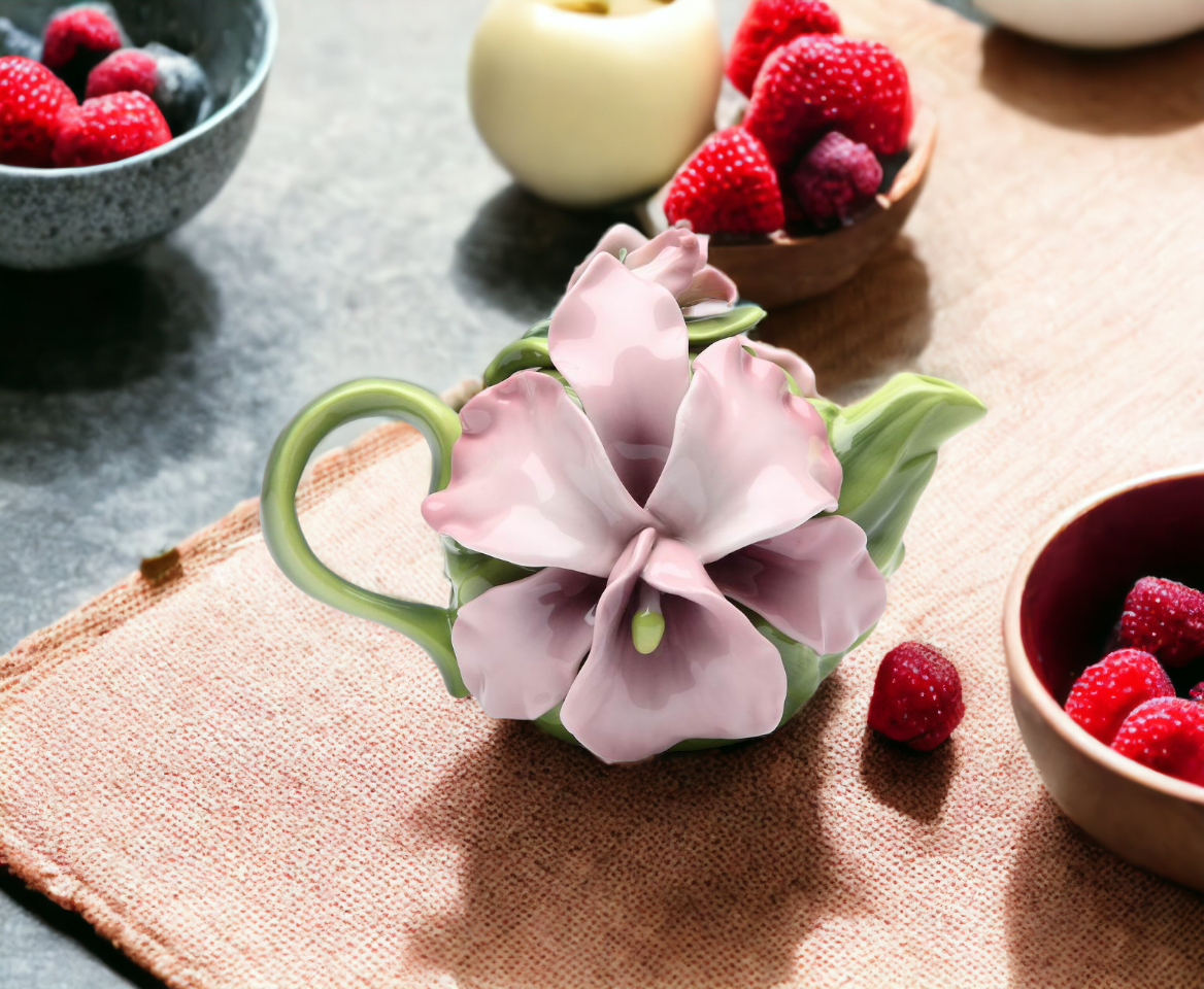 Ceramic Pink Orchid Flower Teapot, Gift for Her, Gift for Mom, Kitchen Décor, Tea Party Décor, Café Décor, Kitchen Decor