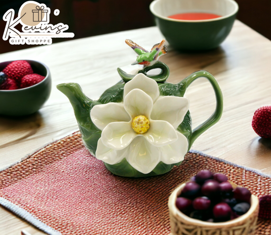 Ceramic Magnolia Flower with Hummingbird Teapot, Gift for Her, Gift for Mom, Tea Party Décor, Café Décor