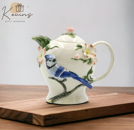 Hand Painted Ceramic Blue Jay Bird Teapot, Gift for Her, Gift for Mom, Tea Party Décor, Café Décor, Farmhouse Décor, Kitchen Decor