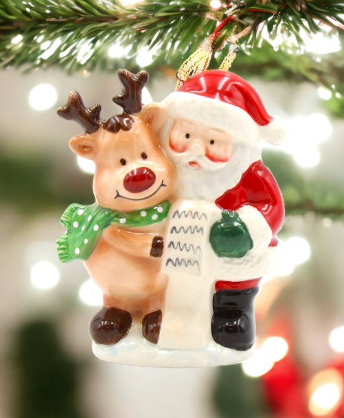 Ceramic Santa With Reindeer Ornament, Home Décor, Gift for Her, Gift for Mom, Kitchen Décor, Christmas Décor