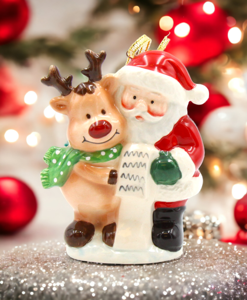 Ceramic Santa With Reindeer Ornament, Home Décor, Gift for Her, Gift for Mom, Kitchen Décor, Christmas Décor