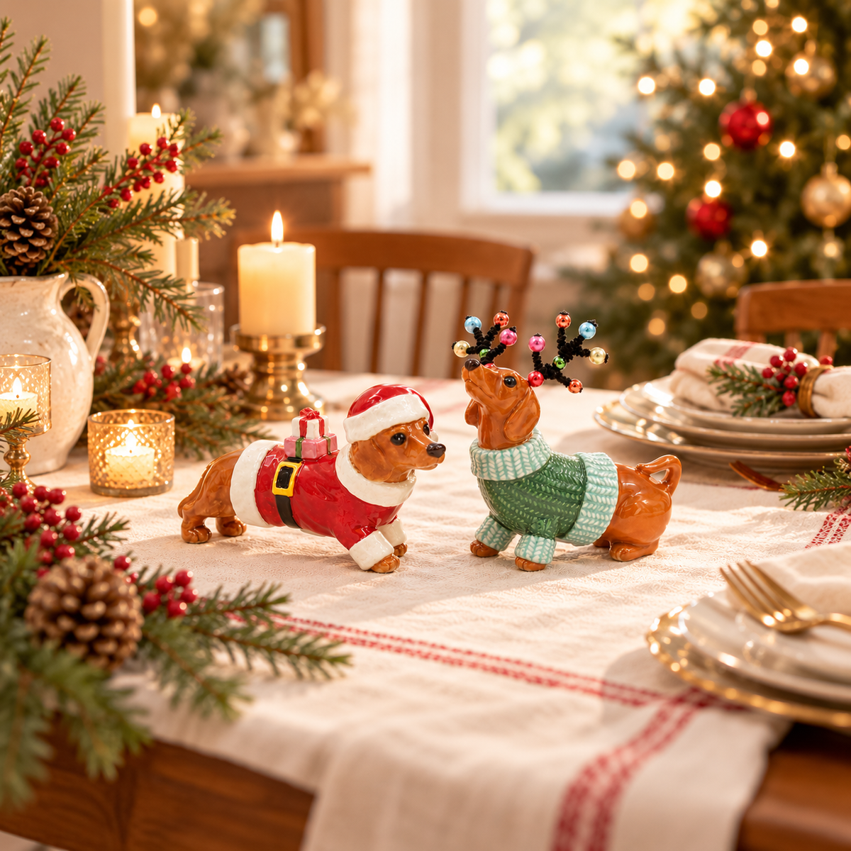 Christmas Dachshund Salt & Pepper Shakers – Ceramic Santa & Reindeer Dog Set