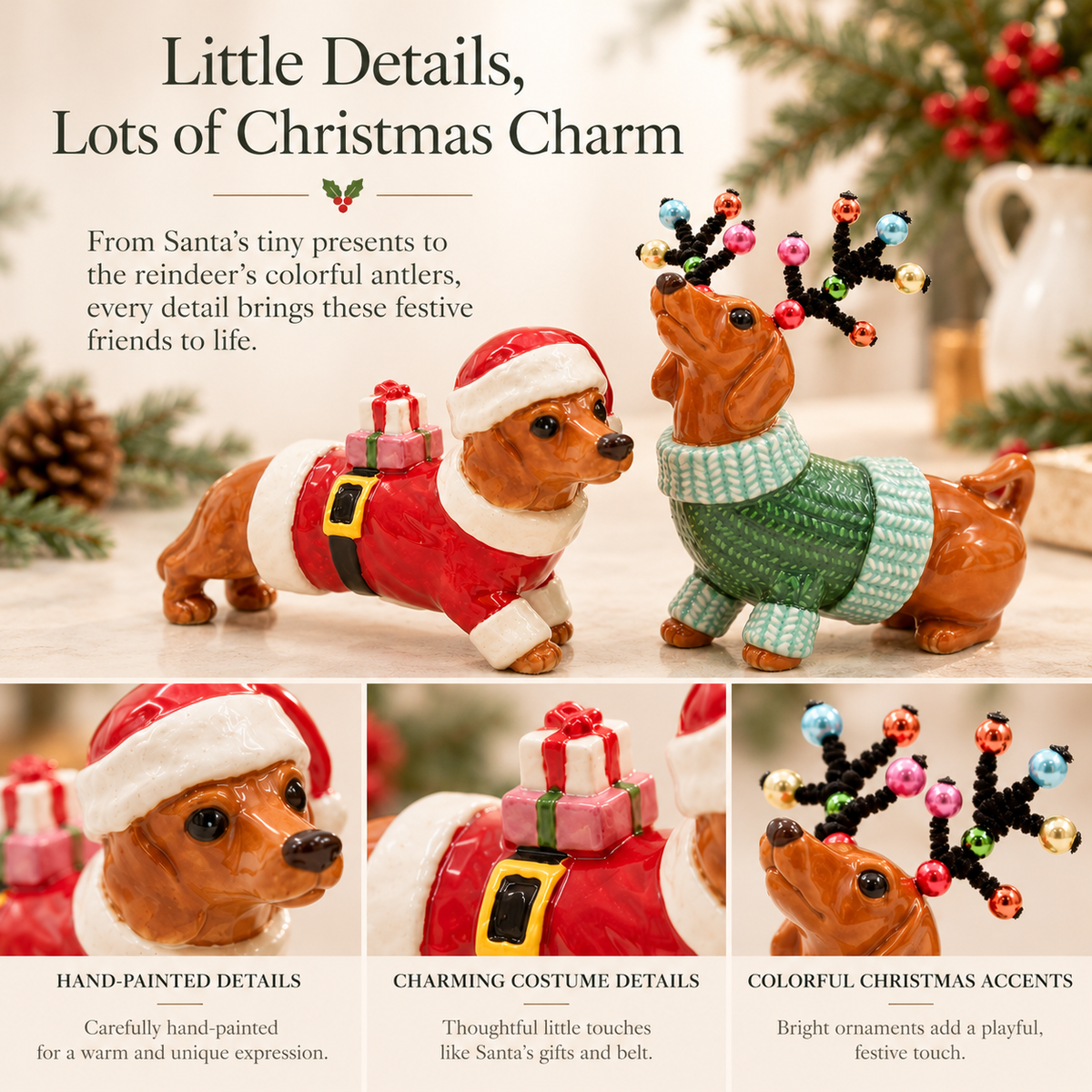 Christmas Dachshund Salt & Pepper Shakers – Ceramic Santa & Reindeer Dog Set