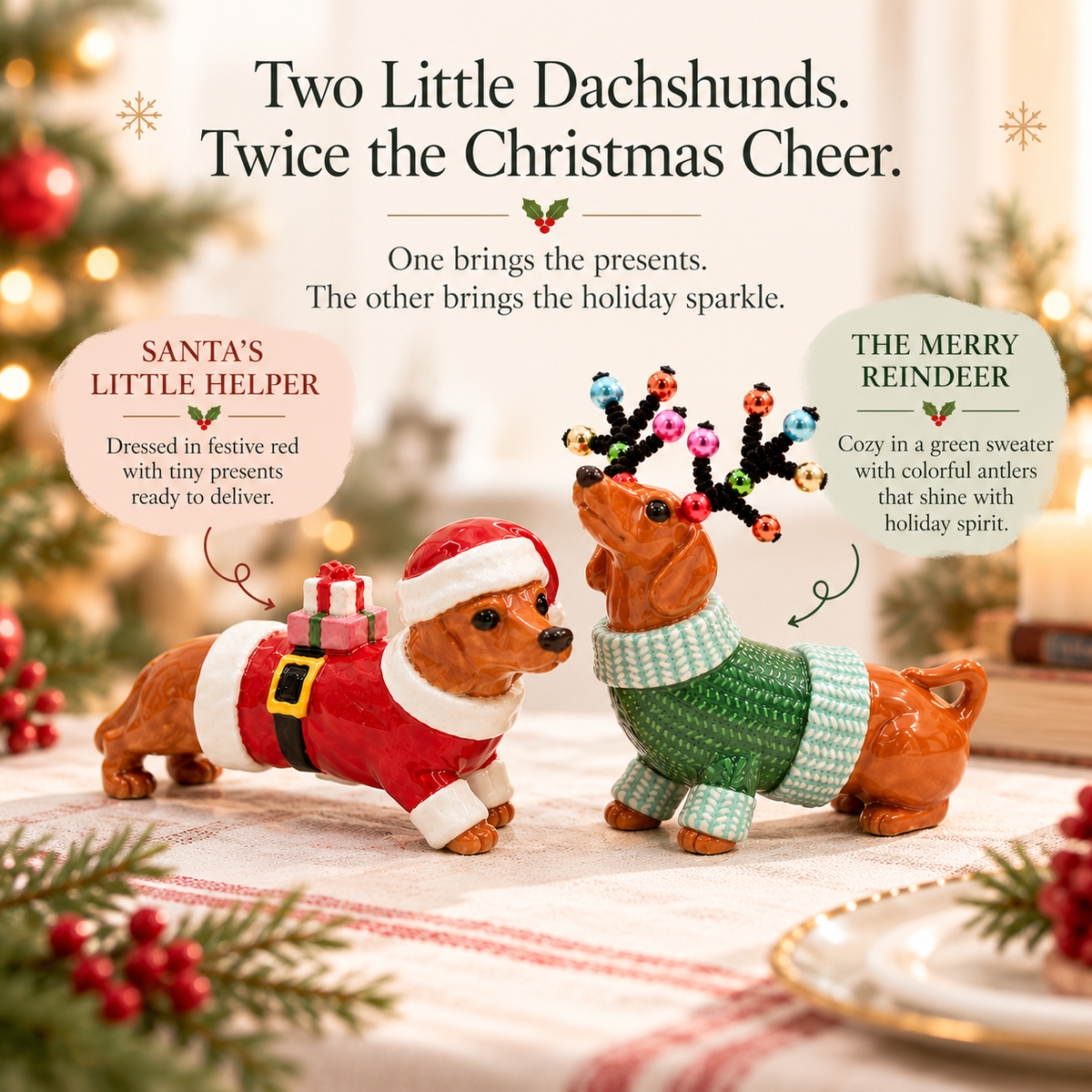 Christmas Dachshund Salt & Pepper Shakers – Ceramic Santa & Reindeer Dog Set