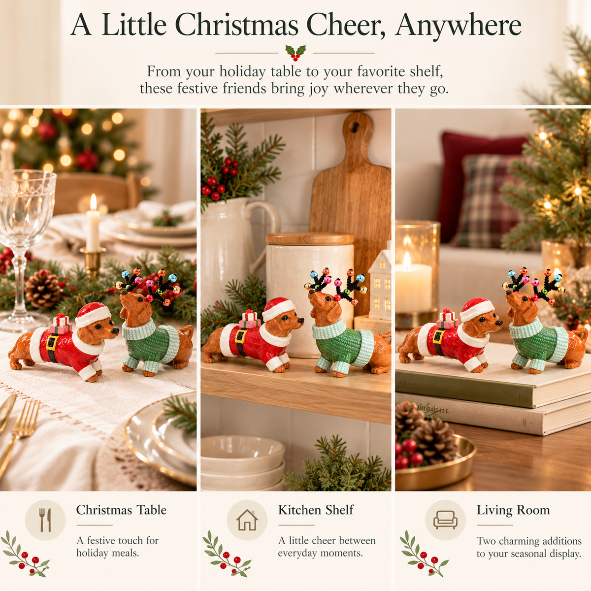 Christmas Dachshund Salt & Pepper Shakers – Ceramic Santa & Reindeer Dog Set