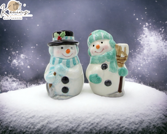 Ceramic Christmas Decor Blue and Green Snowman Salt and Pepper Shakers, Home Décor, Gift for Her, Gift for Mom, Kitchen Décor