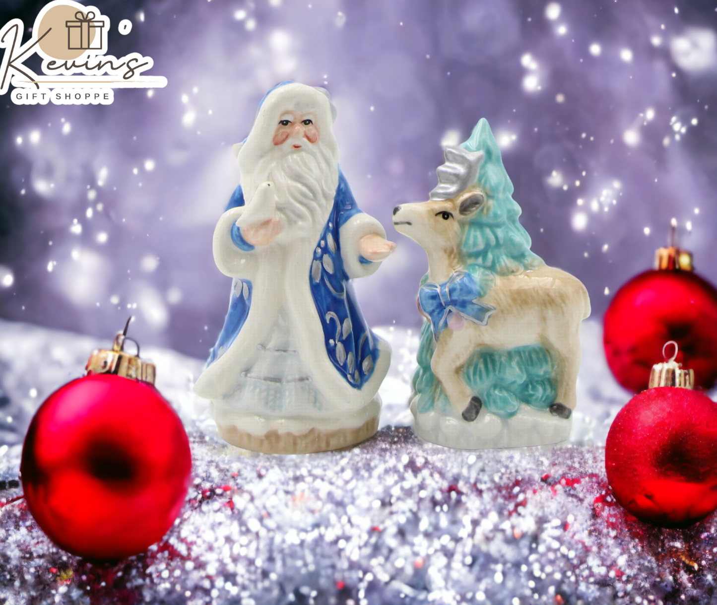 Hand Painted Ceramic Blue Santa Claus with Reindeer & Tree Salt and Pepper Shakers, Home Décor, Gift for Her, Gift for Mom, Kitchen Décor