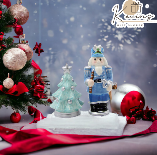 Ceramic Blue Nutcracker with Christmas Tree Salt and Pepper Shakers, Home Décor, Gift for Her, Gift for Mom, Kitchen Décor, Christmas Décor