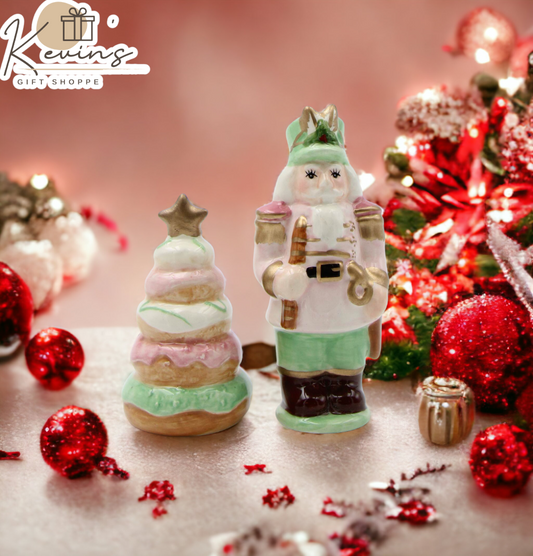 Ceramic Pastel Color Nutcracker & Donut Tree Salt And Pepper, Home Décor, Gift for Her, Gift for Mom, Kitchen Décor, Christmas Décor