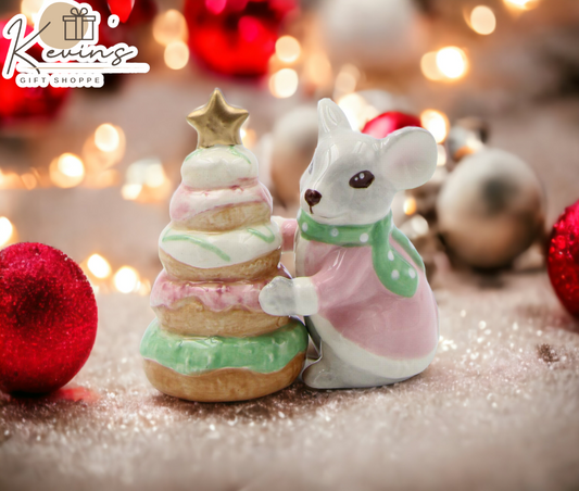 Ceramic Pastel Color Mouse with Donut Tree Salt and Pepper Shakers, Home Décor, Gift for Her, Gift for Mom, Kitchen Décor, Christmas Décor