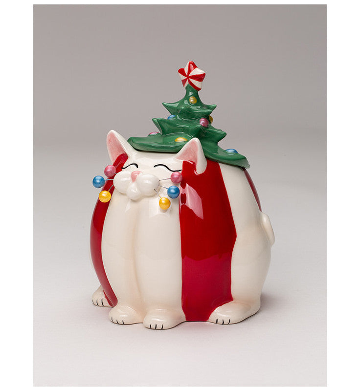 Ceramic Whisker Cat Christmas Tree Hat Candy Jar