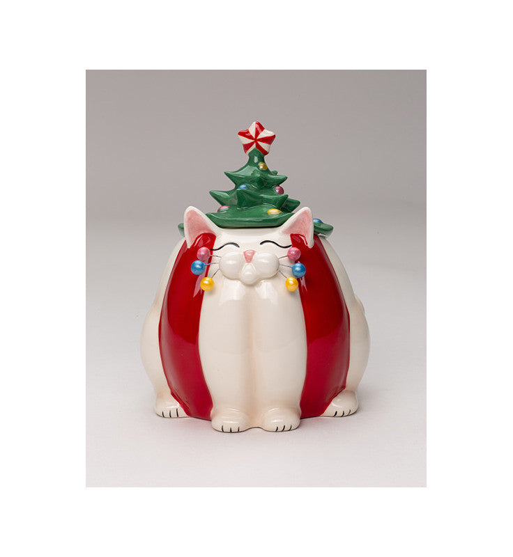 Ceramic Whisker Cat Christmas Tree Hat Candy Jar