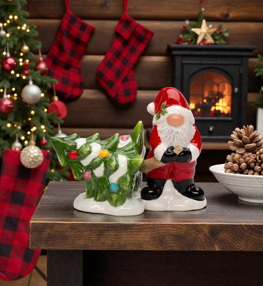 Ceramic Christmas Santa Claus Gnome Pulling Christmas Tree Salt and Pepper Shakers, Gnome Collection, Christmas Table Decor
