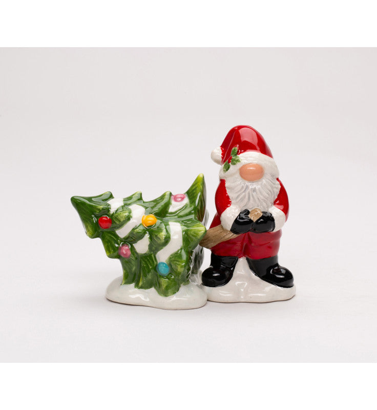Ceramic Christmas Santa Claus Gnome Pulling Christmas Tree Salt and Pepper Shakers, Gnome Collection, Christmas Table Decor