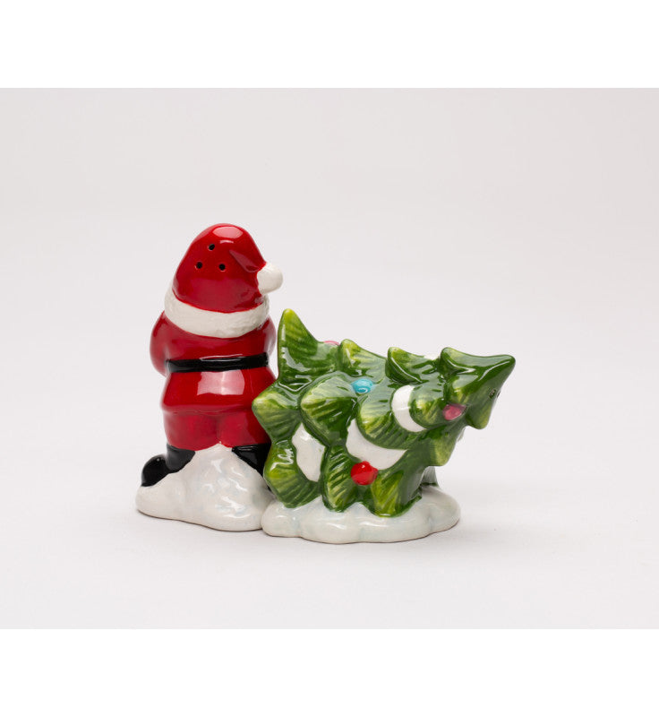 Ceramic Christmas Santa Claus Gnome Pulling Christmas Tree Salt and Pepper Shakers, Gnome Collection, Christmas Table Decor