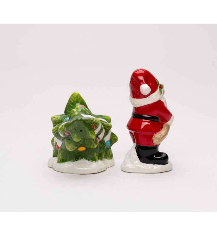 Ceramic Christmas Santa Claus Gnome Pulling Christmas Tree Salt and Pepper Shakers, Gnome Collection, Christmas Table Decor