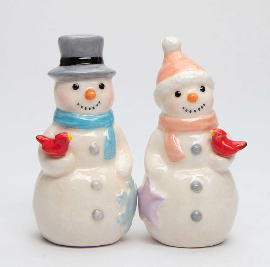 Ceramic Snowman Couple With Cardinal Birds Salt And Pepper Shakers, Home Décor, Gift for Her, Gift for Mom, Kitchen Décor, Christmas Décor