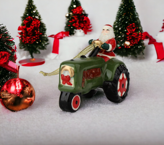 Ceramic Santa On Green Tractor Ornament, Gift for Him or Dad, Kitchen Décor, Christmas Décor, Gift for Farmer, Farmhouse Decor