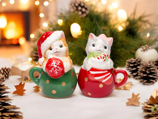 Ceramic Kittens in Teacups Christmas Theme Salt and Pepper Shakers, Christmas Decor, Cat Lover Gift