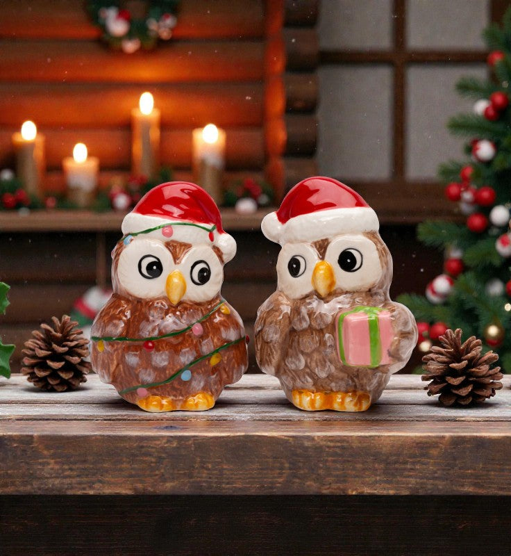 Ceramic Christmas Owls Salt and Pepper Shakers, Christmas Table Decor, Owl Collection