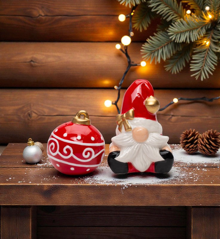 Ceramic Christmas Santa Claus Gnome and Ornament Ball Salt and Pepper Shakers, Gnome Collection, Christmas Table Decor