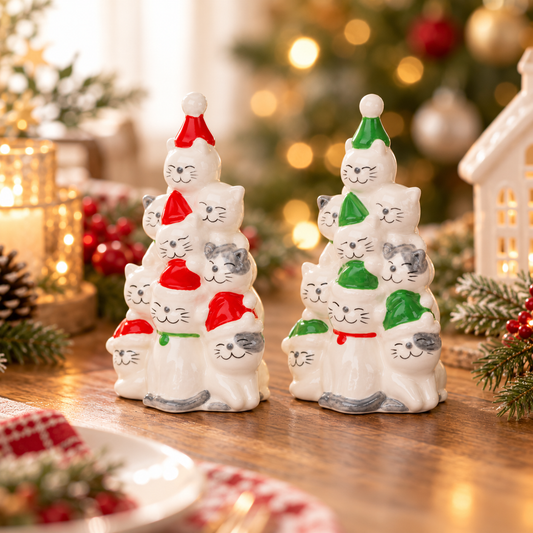 Ceramic Christmas Tree Cats Salt and Pepper Shakers