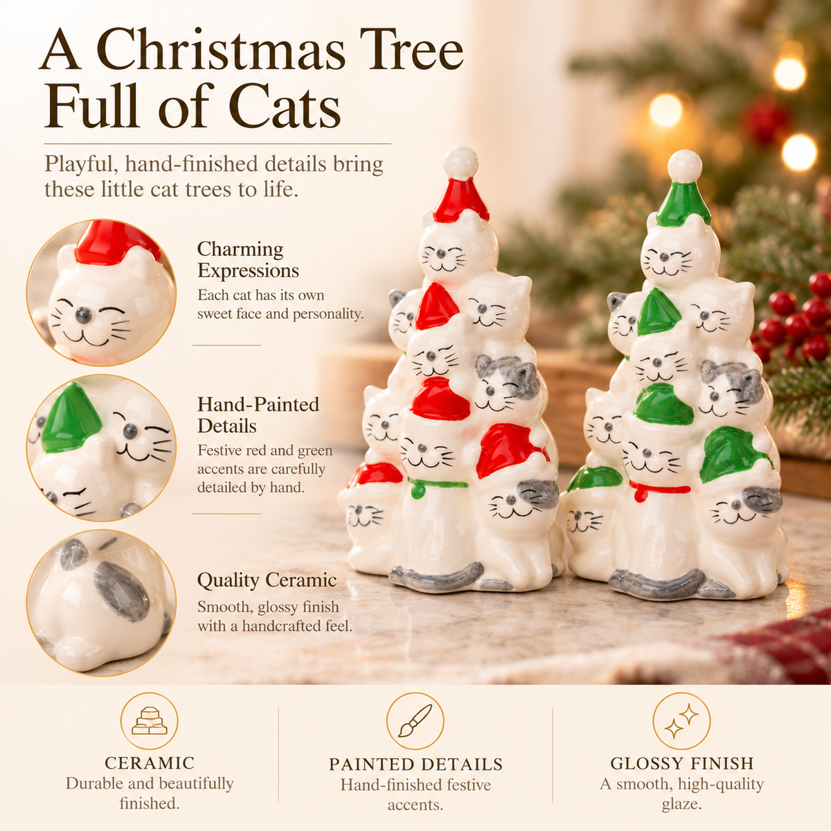 Ceramic Christmas Tree Cats Salt and Pepper Shakers