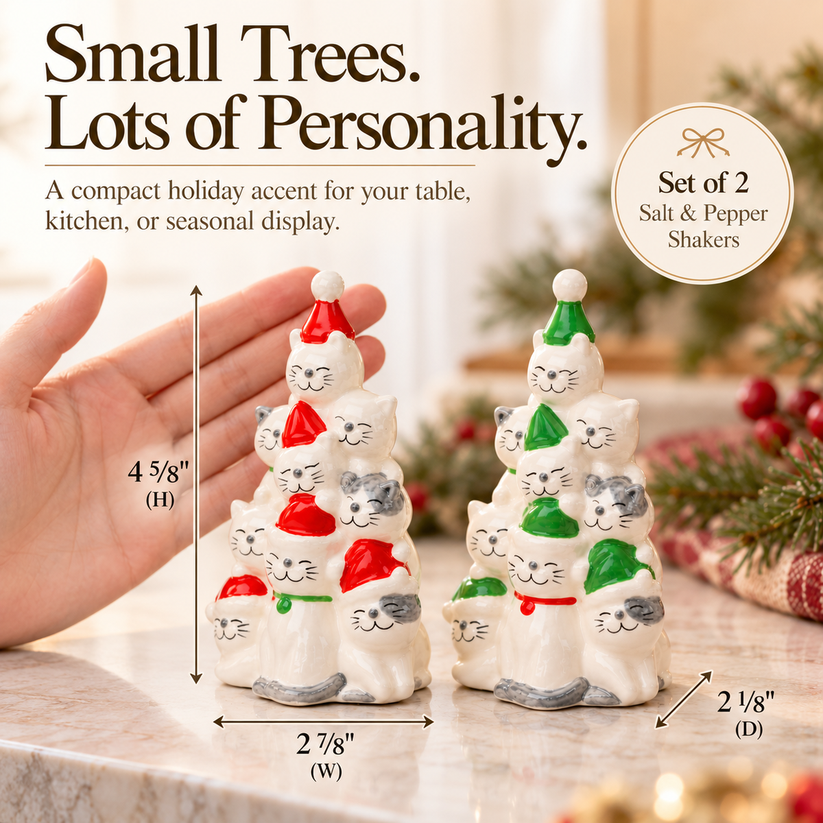 Ceramic Christmas Tree Cats Salt and Pepper Shakers