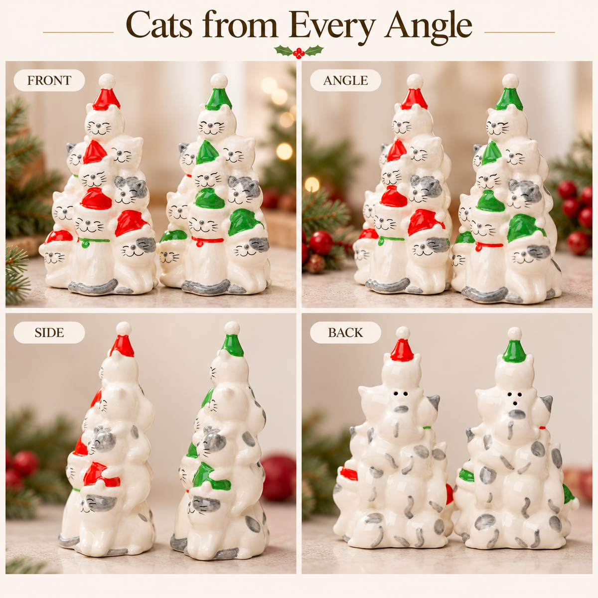 Ceramic Christmas Tree Cats Salt and Pepper Shakers