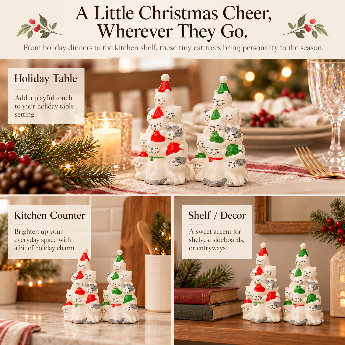 Ceramic Christmas Tree Cats Salt and Pepper Shakers