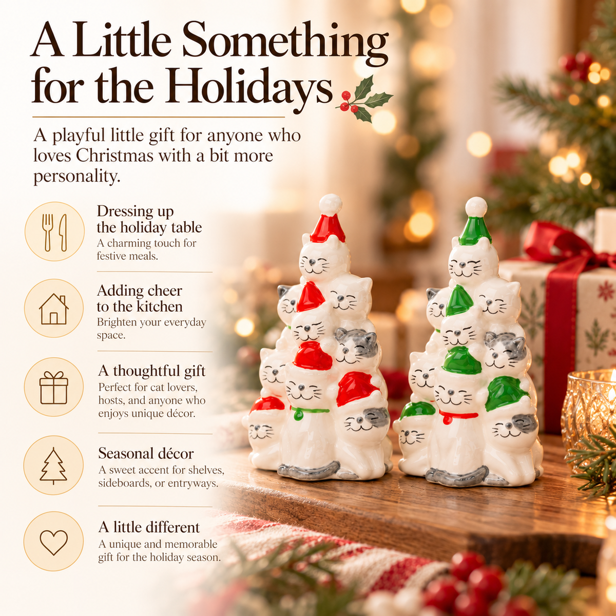 Ceramic Christmas Tree Cats Salt and Pepper Shakers