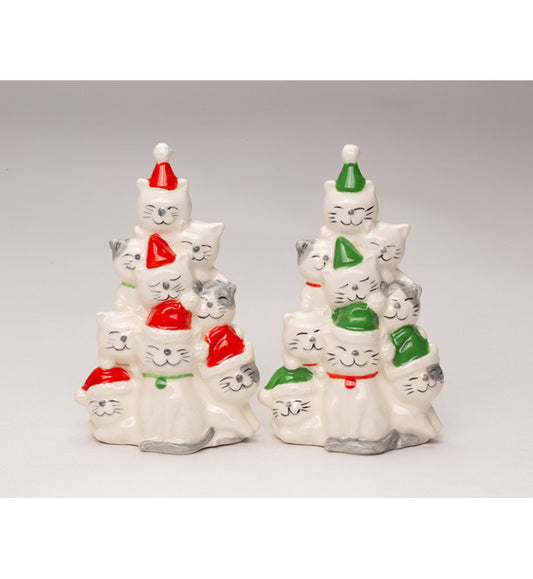 Ceramic Christmas Tree Cats Salt and Pepper Shakers