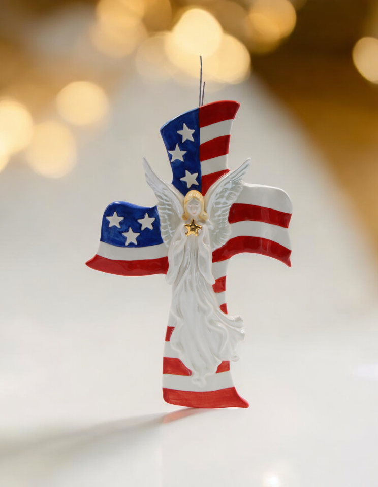 Ceramic Angel with American Flag Cross Wall Decor, Patriot Gift, Religious Gift, Gift for Her, Gift for Mom