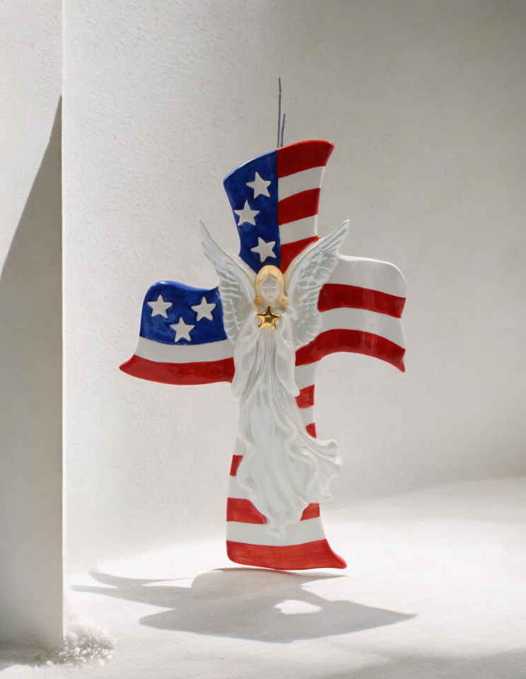 Ceramic Angel with American Flag Cross Wall Decor, Patriot Gift, Religious Gift, Gift for Her, Gift for Mom