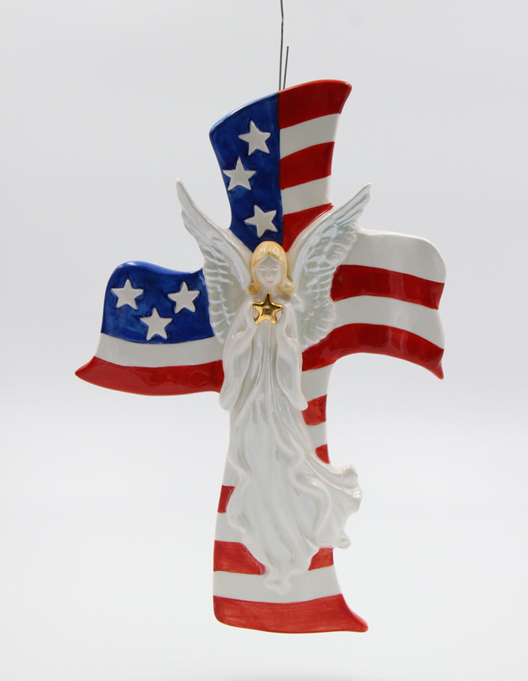 Ceramic Angel with American Flag Cross Wall Decor, Patriot Gift, Religious Gift, Gift for Her, Gift for Mom