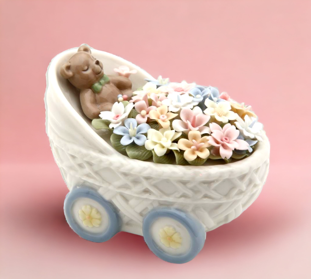 Ceramic Teddy Bear With Flowers in Baby Stroller Figurine, Home Décor, Nursery Room Décor, Baby Gift