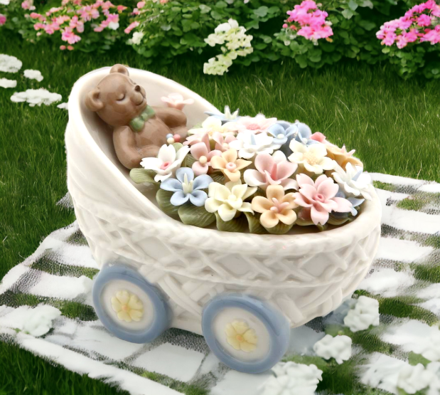 Ceramic Teddy Bear With Flowers in Baby Stroller Figurine, Home Décor, Nursery Room Décor, Baby Gift