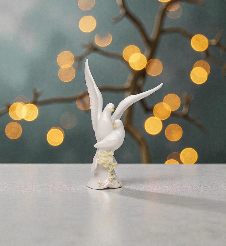 Ceramic Double Doves with Ivory Flowers Figurine, Wedding Table Decor, Wedding Cake Topper, Gift for Her
