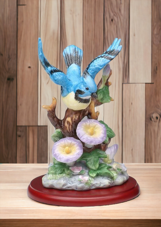 Ceramic Bluejay Bird with Morning Glory Flower Figurine, Home Décor, Gift for Her, Gift for Mom, Kitchen Décor, Birdwatcher Gift