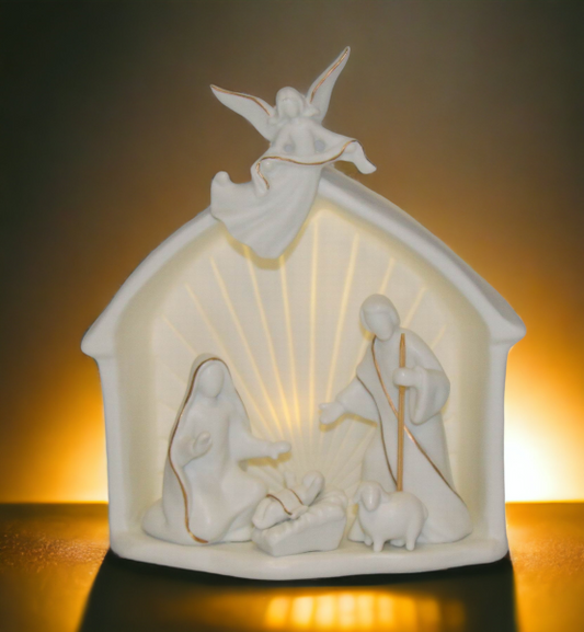 Ceramic Holy Family Nativity Scene with Angel LED Nightlight, Home Décor, Religious Décor, Religious Gift, Church Décor, Baptism Gift