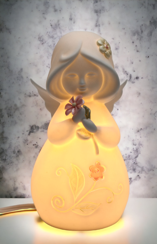 Ceramic Angel With Flower Nightlight, Home Décor, Religious Décor, Religious Gift, Church Décor, Baptism Gift